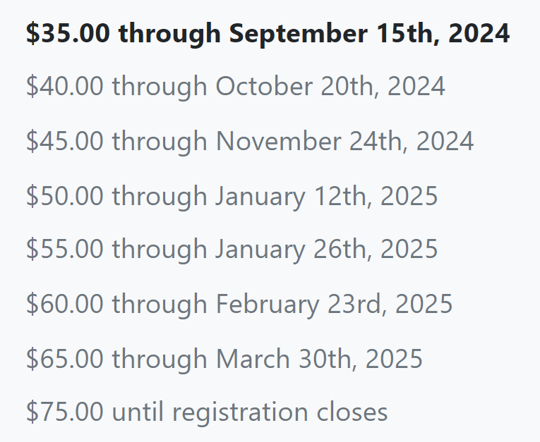 Picture of Registration Schedule Prices