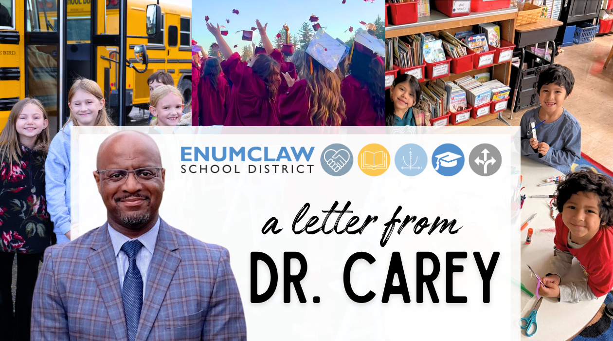 Dr. Carey smiling with photos of students in the background A Letter From Dr. Carey, ESD Community Newsletter, with ESD logo behing Dr. Carey