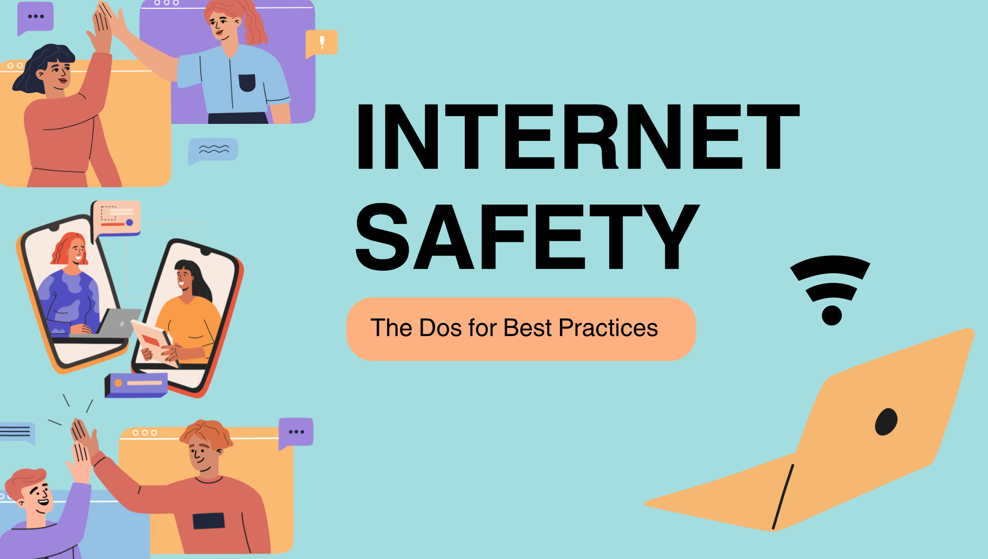 a colorful cartoon image of adults and their computers with the words internet safety the dos for best practice