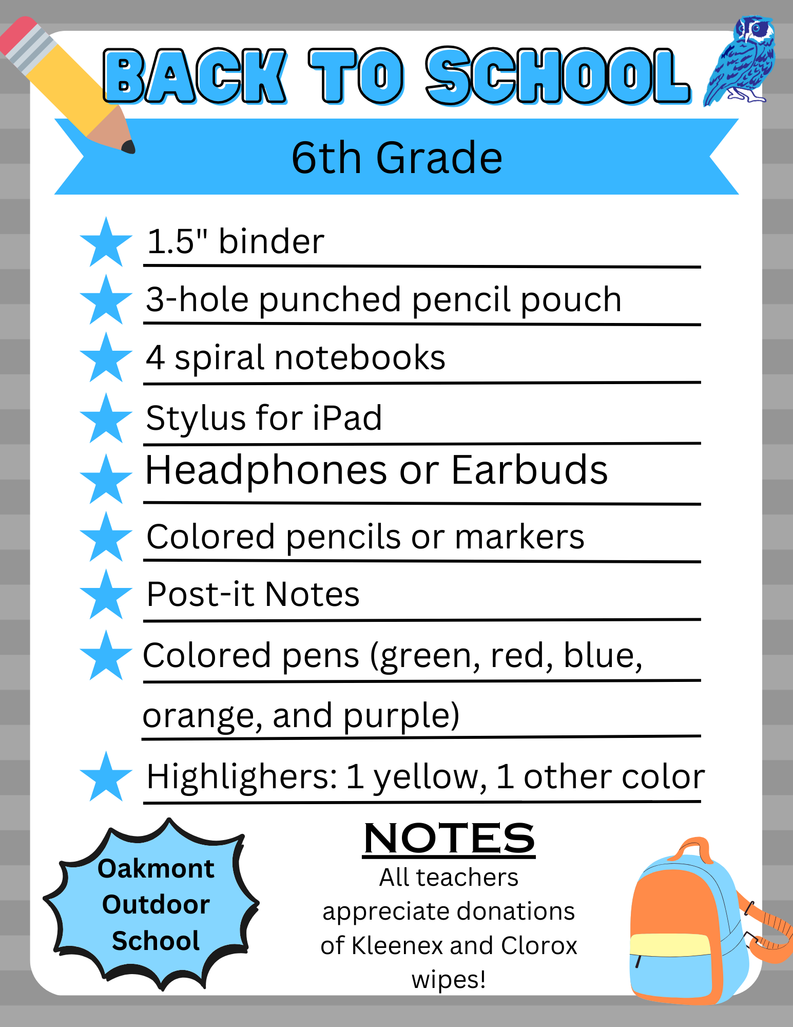 6th Grade Supply List