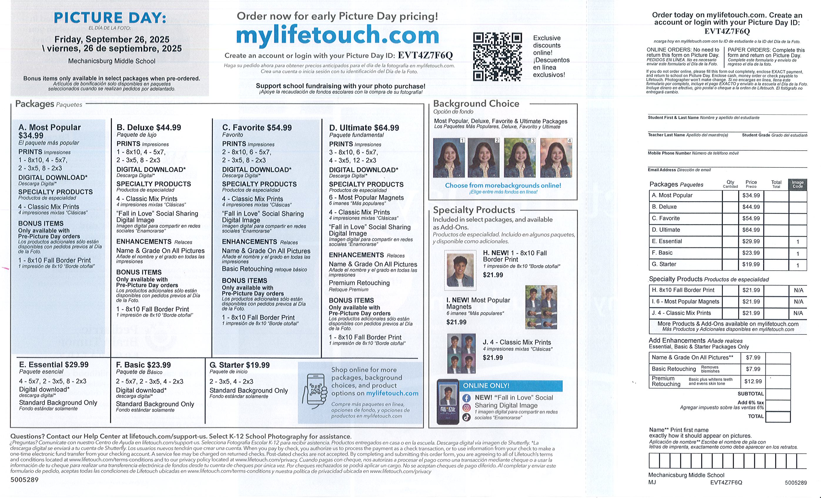 Fall picture day order form back
