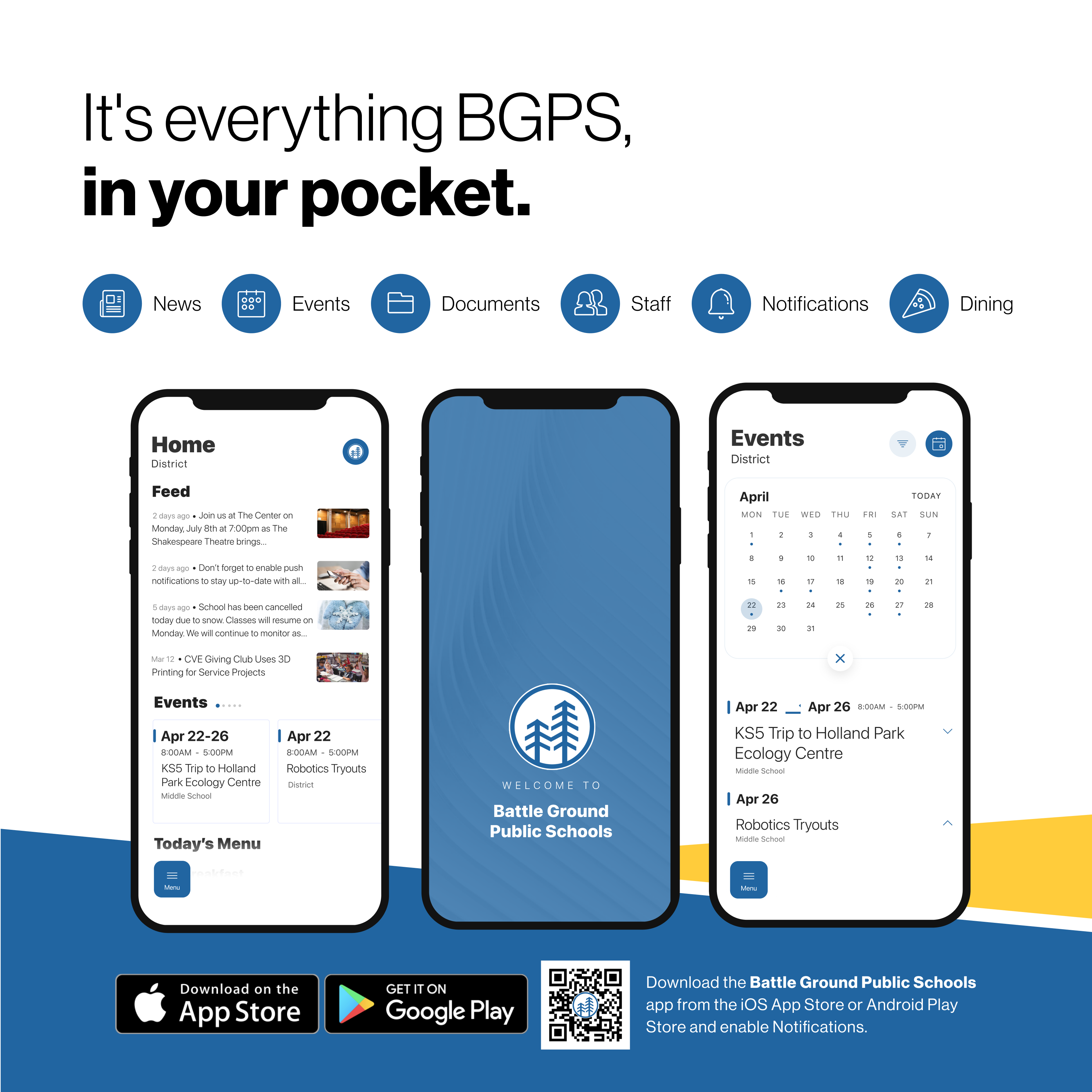 Phone displaying the BGPS mobile app. It reads, "It's everything BGPS in your pocket."