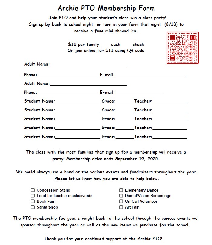 membership form to print- will need adult names and student names. volunteer options. 