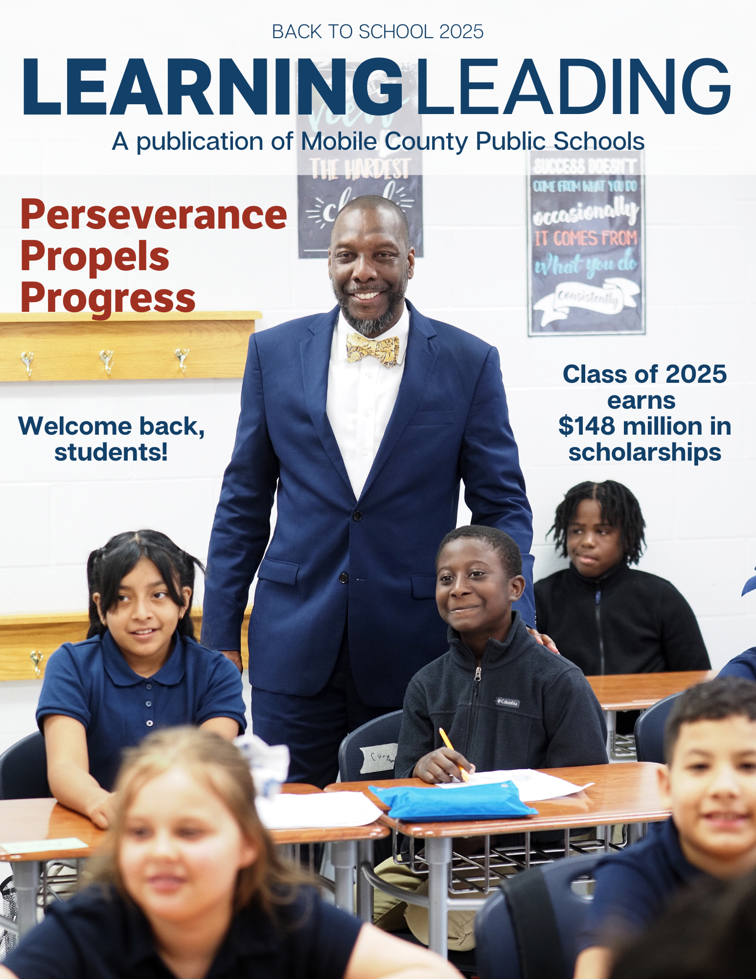 Cover of August Learning Leading magazine showing Superintendent Chresal D. Threadgill with students