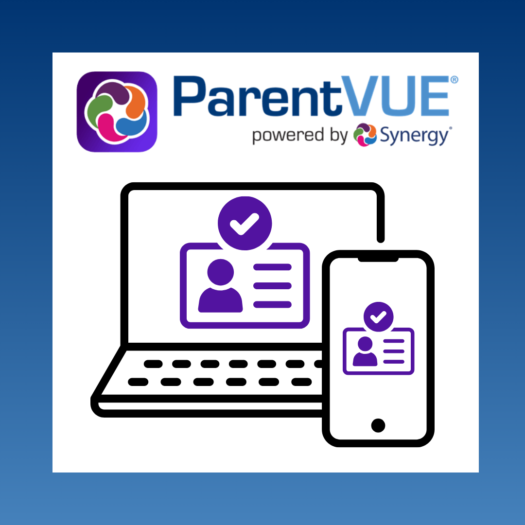 ParentVUE powered by Synergy - laptop and phone with a checkmark and identification card