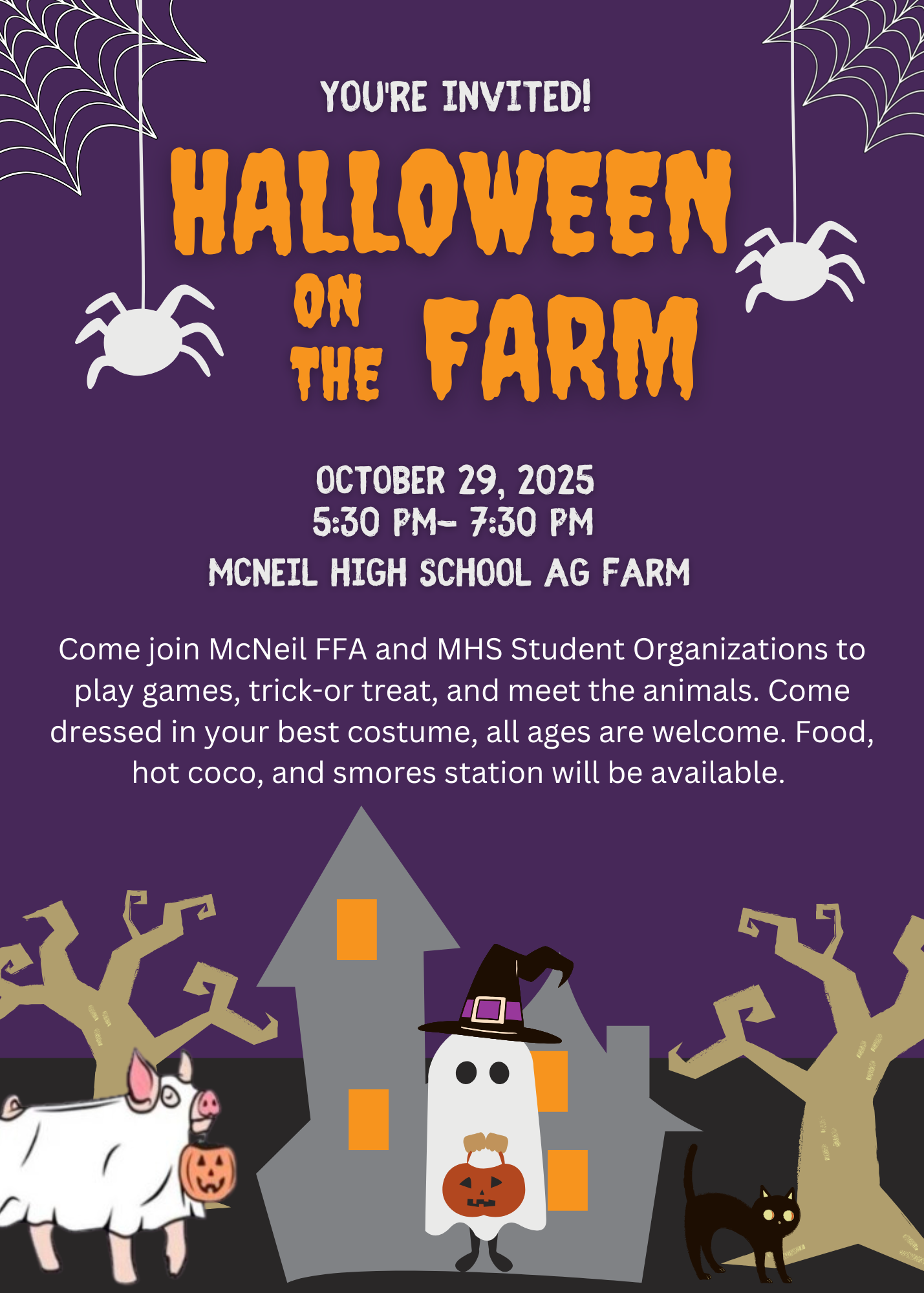 Flyer with Halloween images, Halloween on the Farm event at McNeil 10/29/25 from 5:30-7:30
