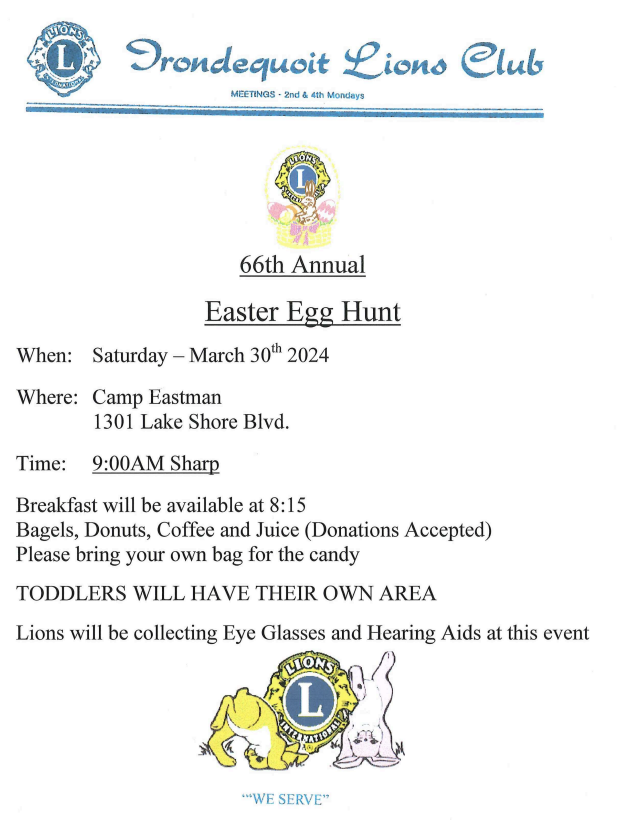 Lions Club Easter Egg Hunt Saturday March 30 at Camp Eastman at 9AM