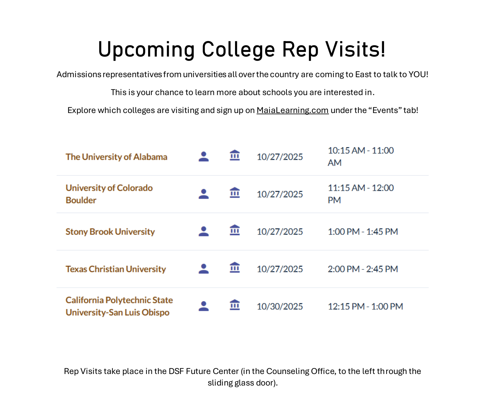 Upcoming College Rep Visits