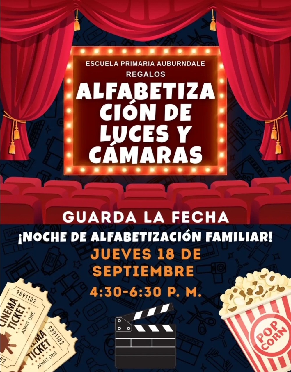 Family Literacy Night at Auburndale on September 18th from 4:30-6:30pm.