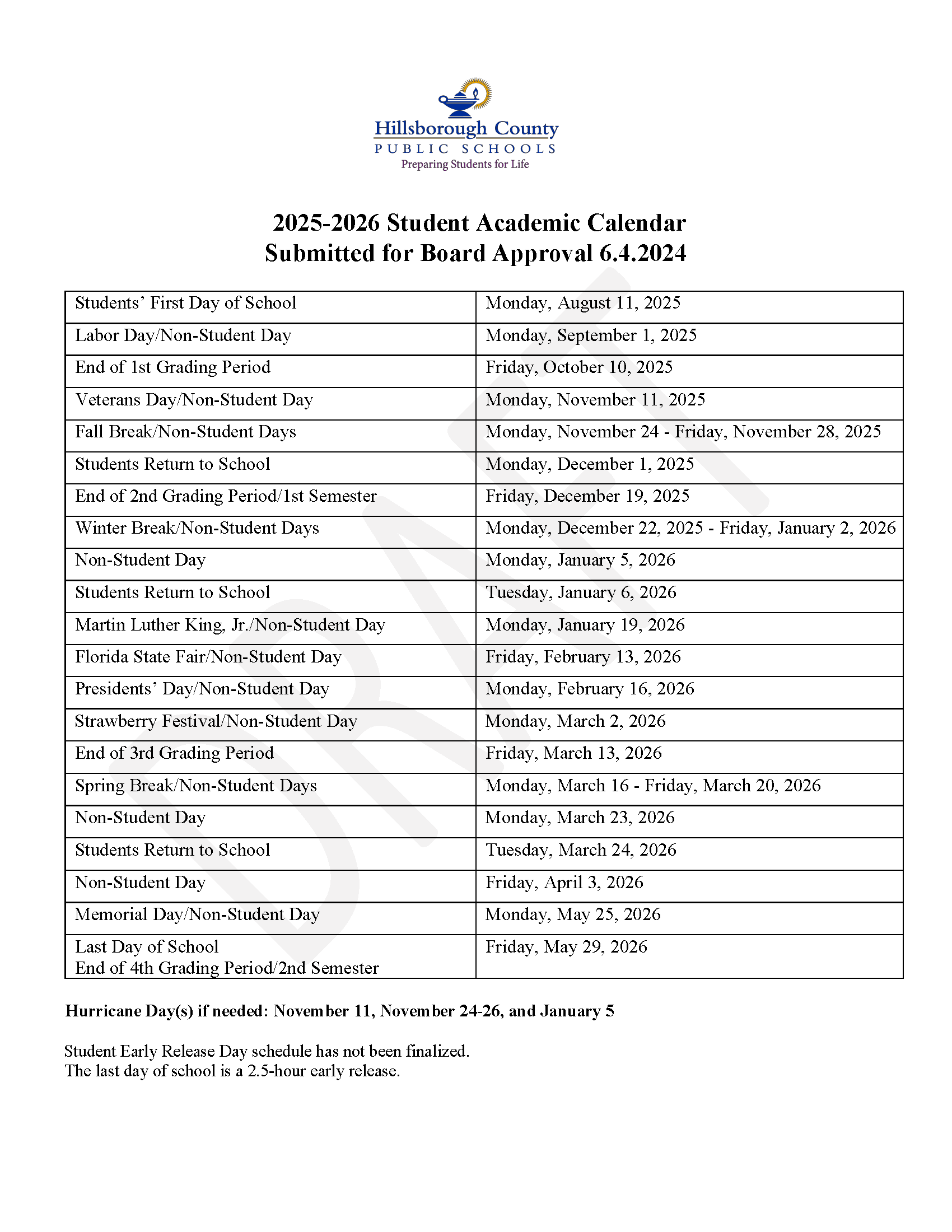 Student Academic Calendar
