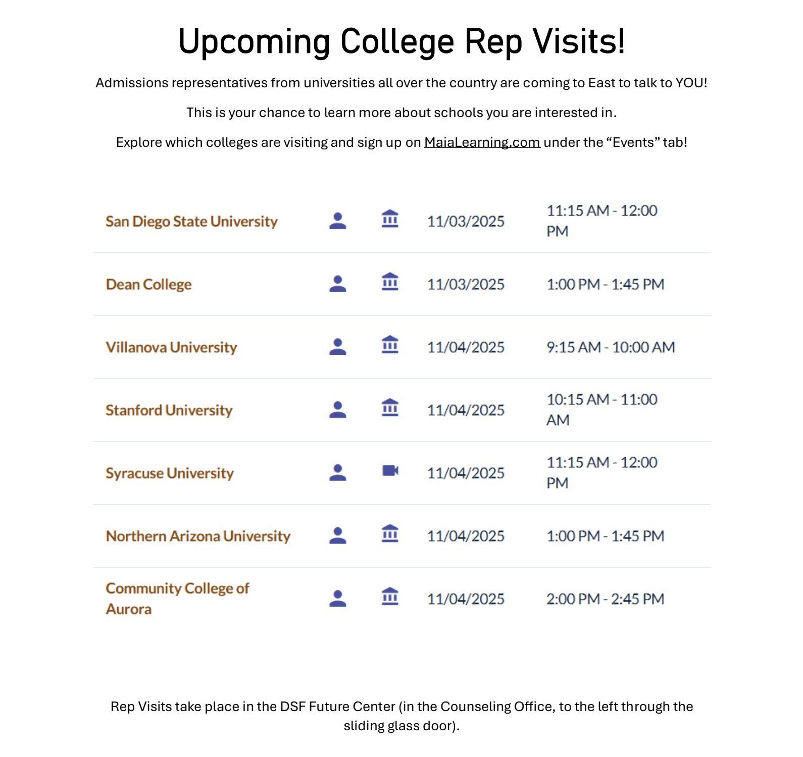 Upcoming College Rep Visits