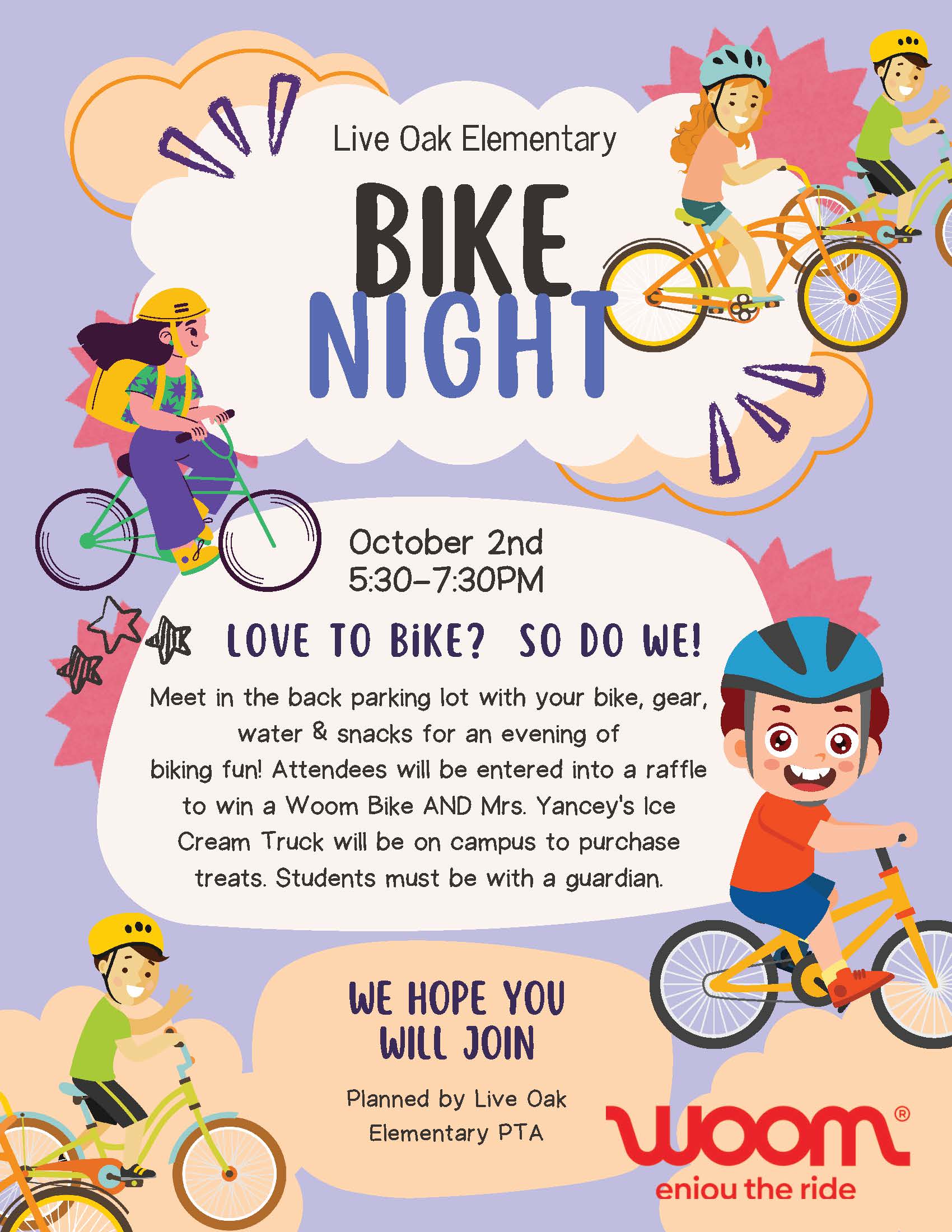 Picture of children riding bikes; flyer for PTA's Bike Night on 10/2 from 5:30-7:30 to ride bikes