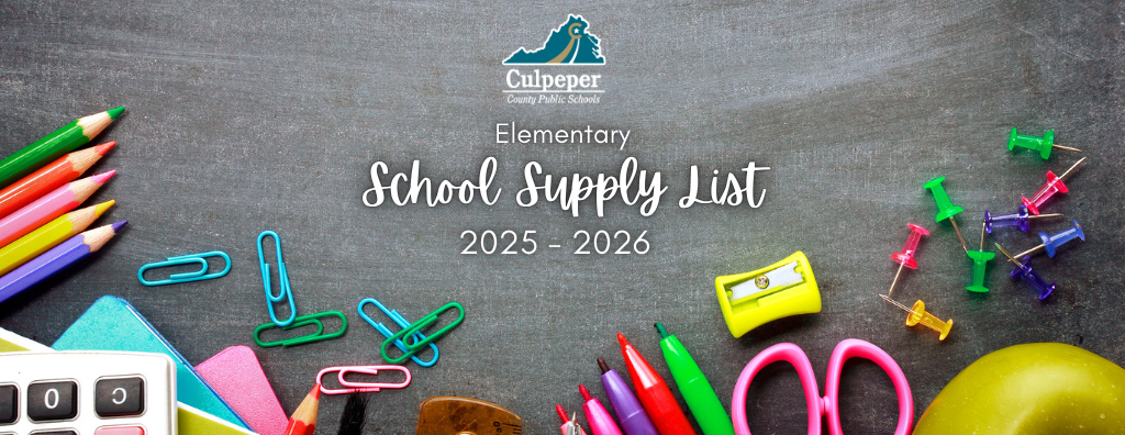 gray background with ccps logo in the middle and text that says elementary school supply list 2025-2026, there are images of school supplies at the bottom including pencils, paper clips, markers, scissors, pushpins