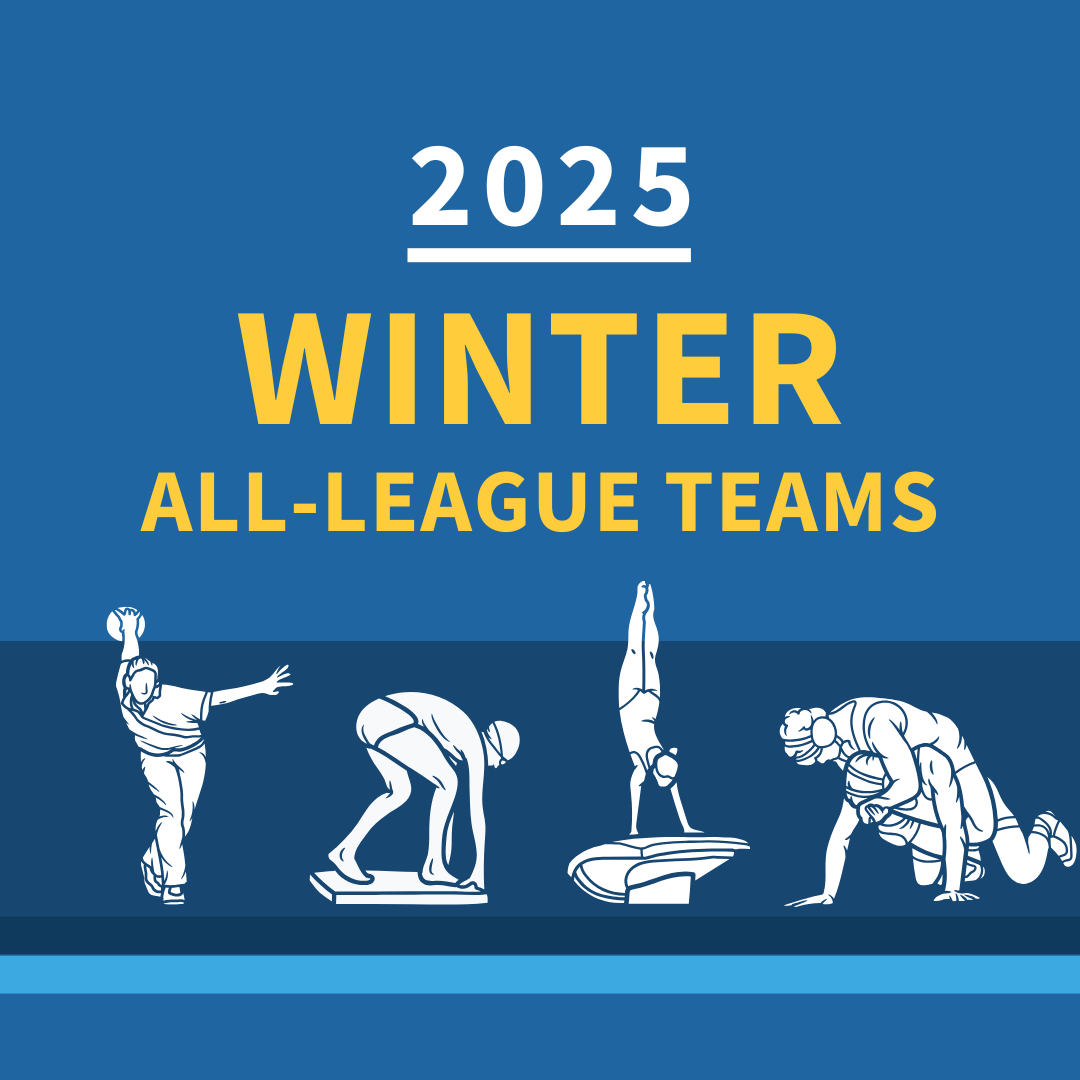 A graphic depicting artistic representations of people involved in sporting events. The words read 2025 Winter All-League teams