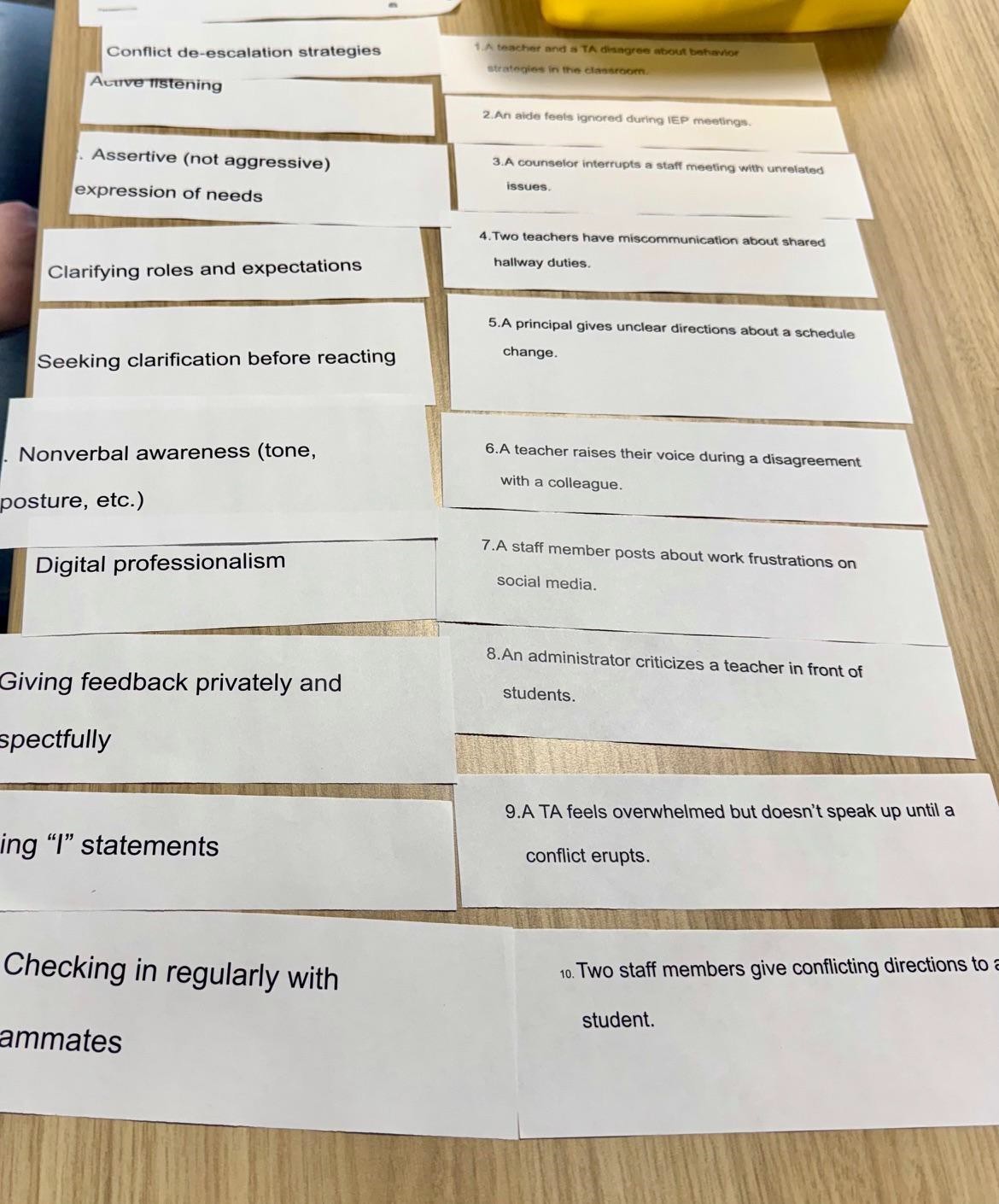 Pieces of paper with various statements on them