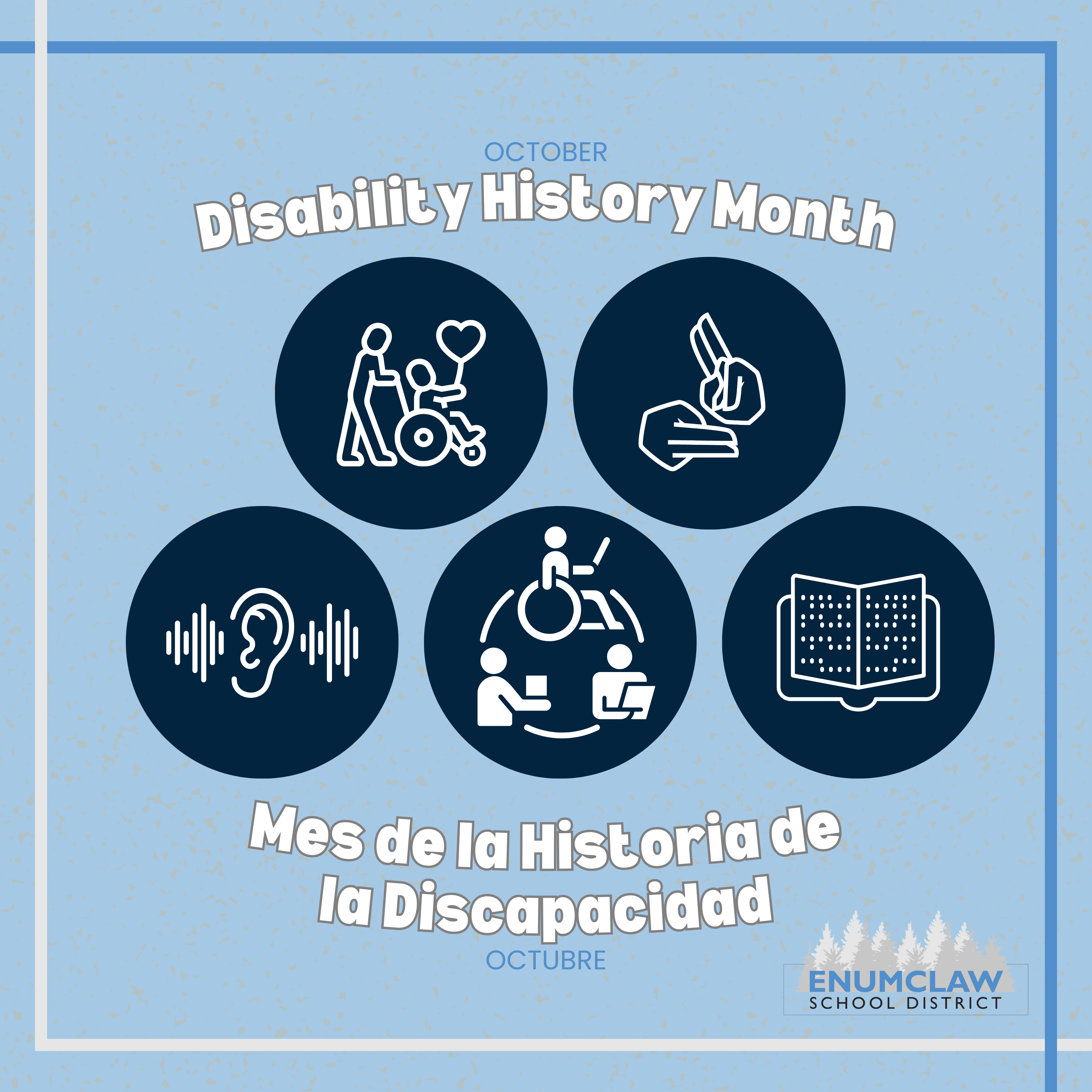 Disability History Month with 5 icons showing various disabilities