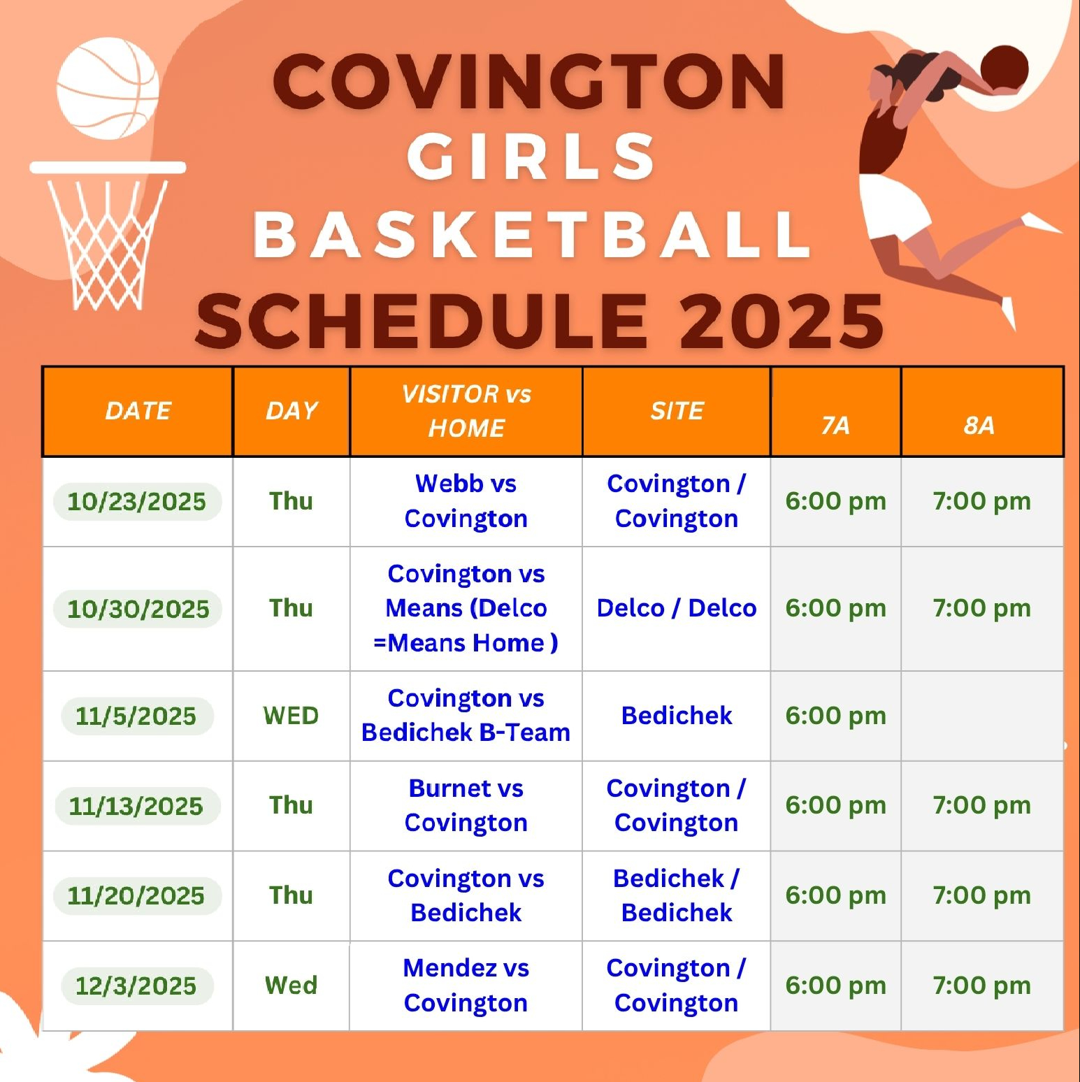Girls BBall Schedule 2025