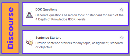  Two purple rectangular cards with rounded corners are vertically stacked against a pale orange background. The card on top has a small icon of an Aztec temple and the words "DOK Questions." The text underneath reads, "Generate questions based on topic or standard for each of the 4 Depth of Knowledge (DOK) levels." The card below it has an icon of two speech bubbles, one with a heart, and the words "Sentence Starters." The text underneath says, "Provide sentence starters for any topic, assignment, standard, or objective." A vertical purple bar with the word "Discourse" written in pale orange is to the left of both cards. There's a star icon on the top right of each card.