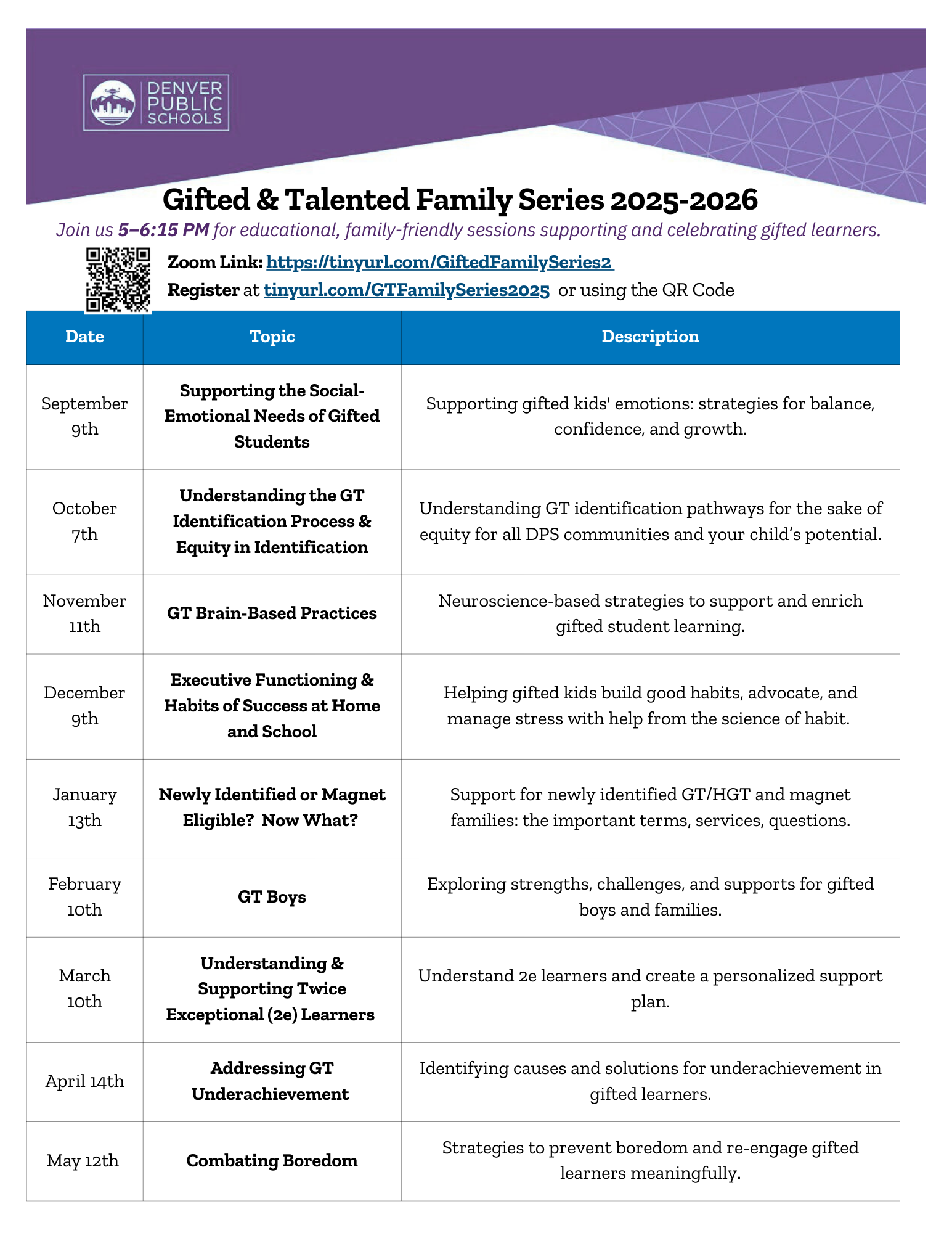 Gifted & Talented Family Series '25-'26 Flyer
