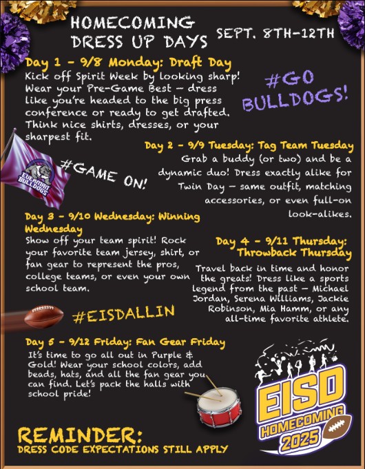 Homecoming Dress Up Days September 8th - 12th