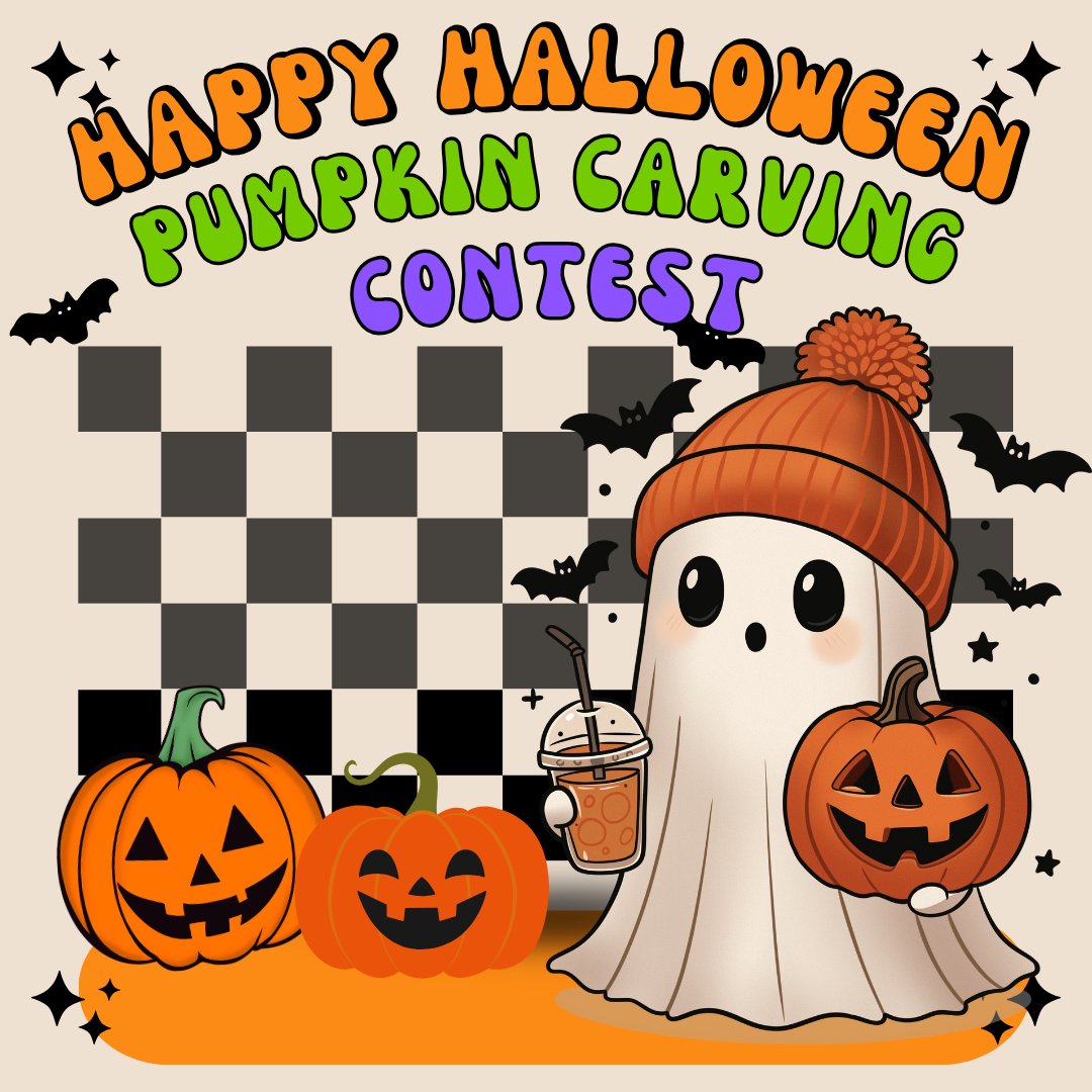 Illustration of a ghost holding a drink and a jack o lantern surrounded by bats with a checkerboard background and Jack o lanterns on the ground text that reads happy Halloween pumpkin carving context