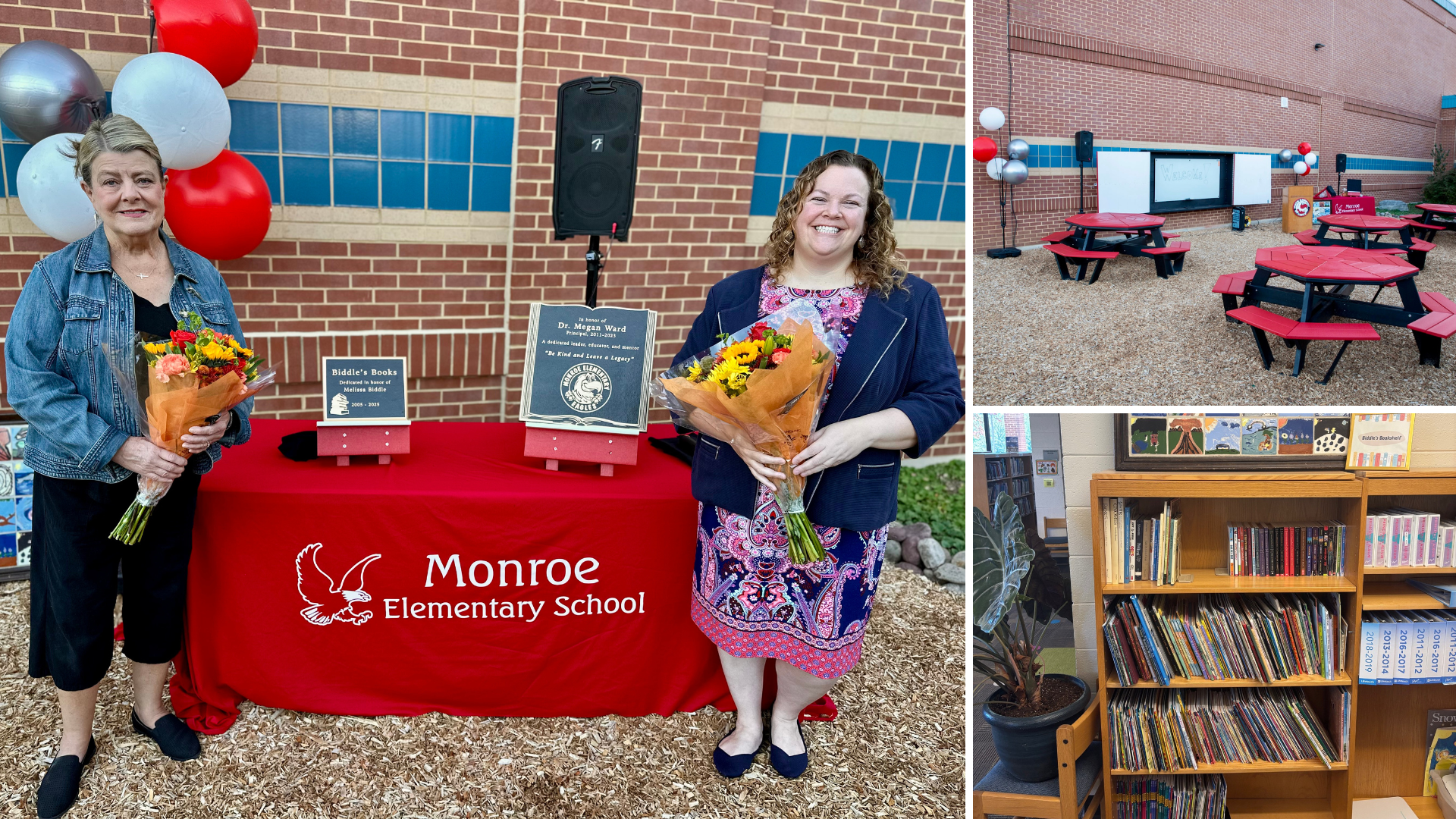 Collage of three pictures from the Monroe Elementary dedication event for Dr. Ward and Ms. Biddle.