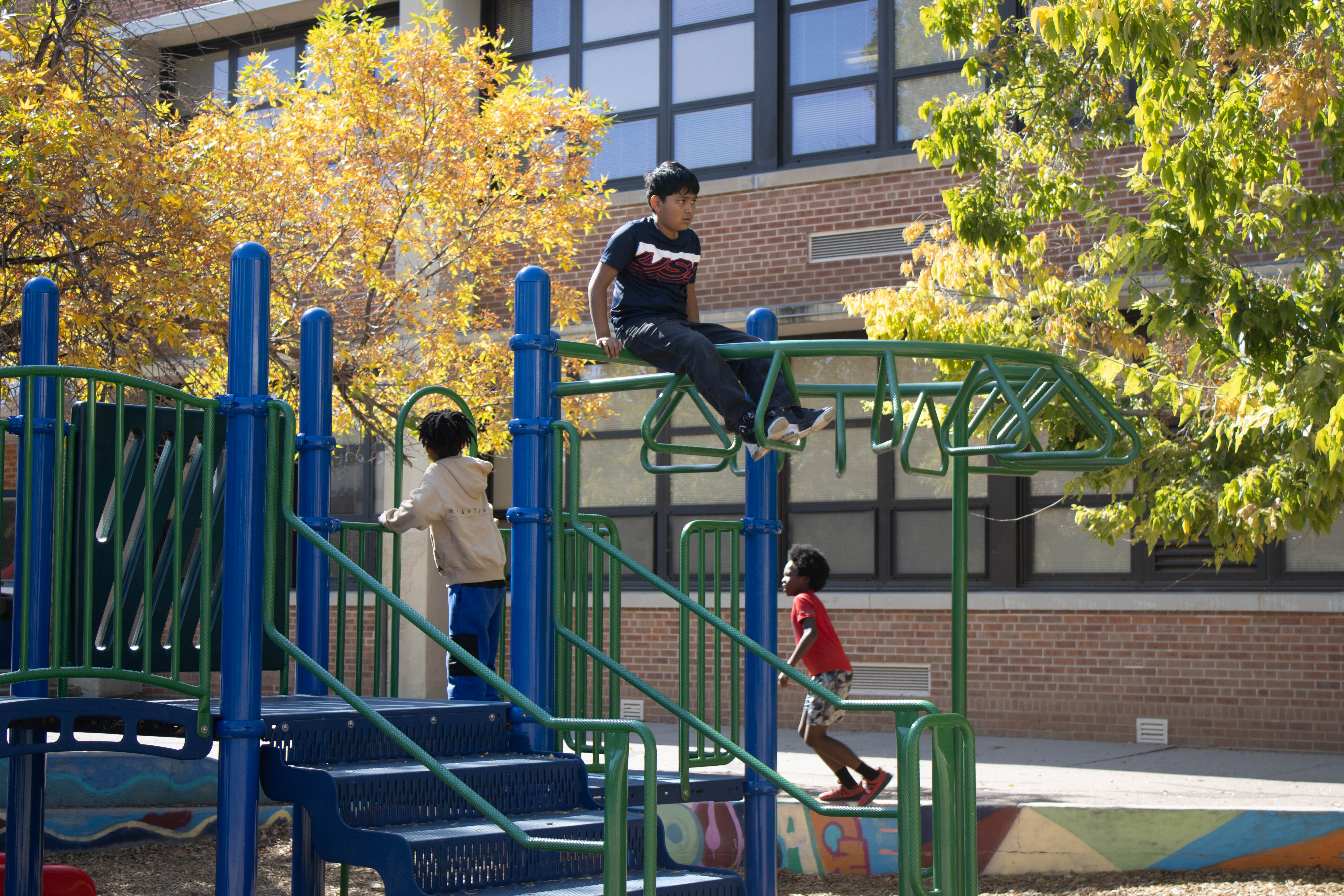 students climbing structure on the playground