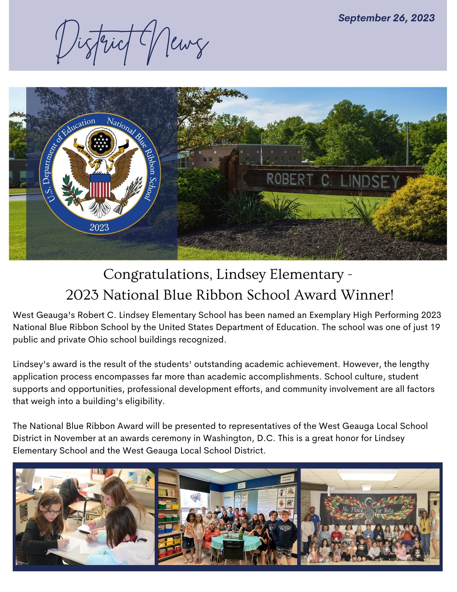 Congratulations Lindsey Elementary 2023 National Blue Ribbon School Award Winner