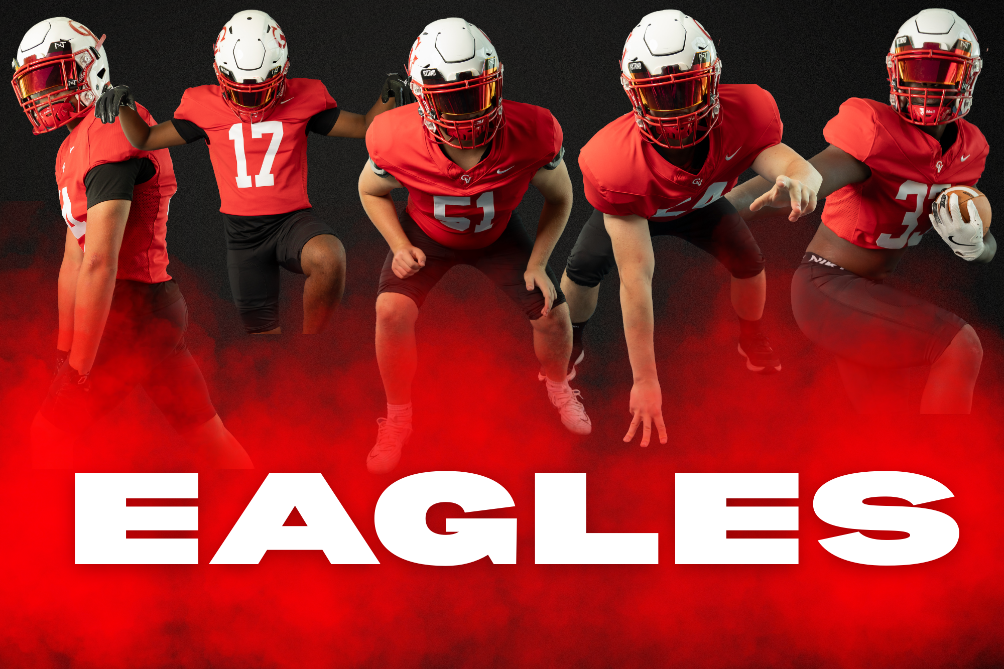 Five football players in red jerseys pose against black background with red smoke and bold 'EAGLES' text.