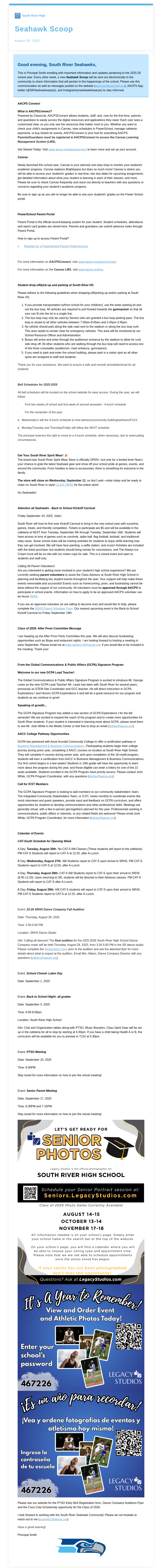 Preview of a newsletter from South River High. Click to open the full newsletter in your browser