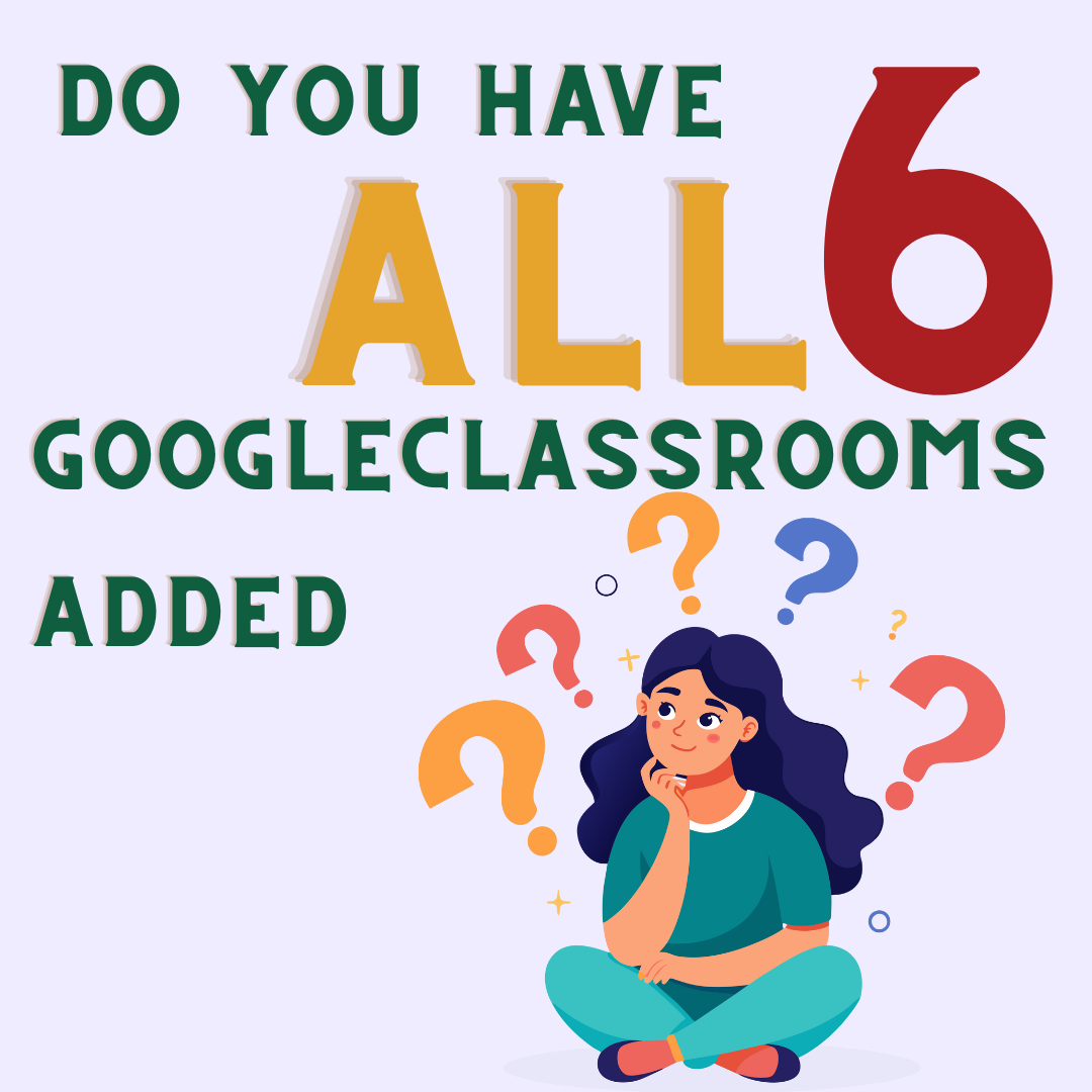 Illustration of a student sitting with question marks all around her. Text that reads do you have all 6 Google classrooms added?
