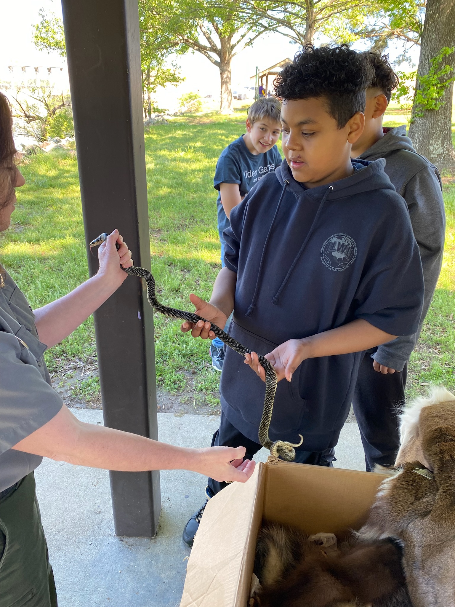 student touching a snake