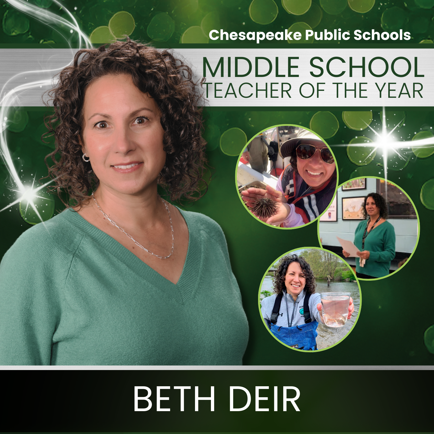 Chesapeake Public Schools Middle School Teacher of the Year Beth Deir. Beth smiling.