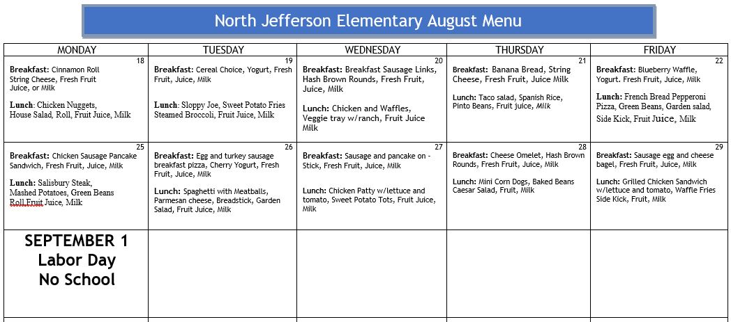 NJES August Lunch Menu 2025