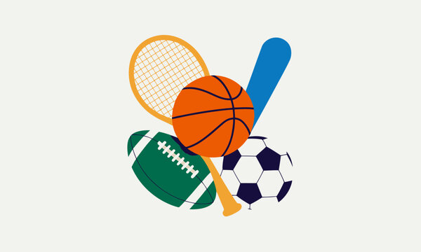 Basketball, football, soccer ball, baseball bat, tennis racket