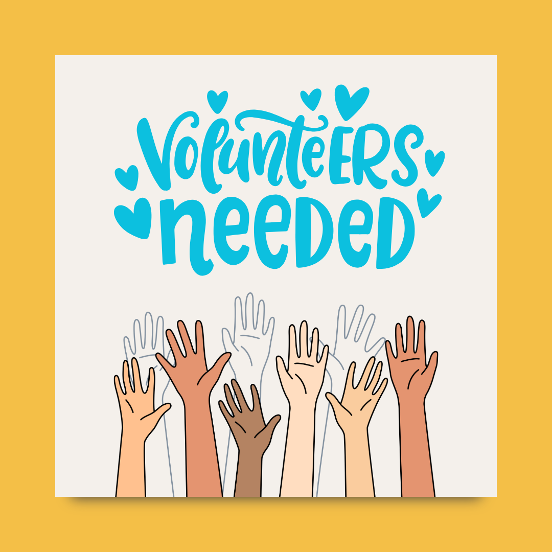 Image of an illustration of hands raised. All neutral colors and text that reads calling all volunteers! Sign Up,  Yest I'm in with a red heart above it. 