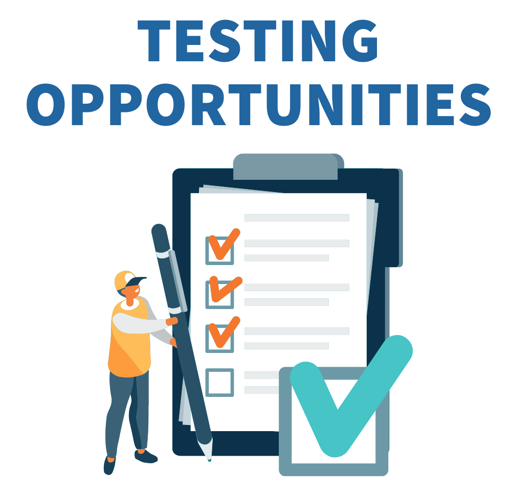 A graphic reading "Testing opportunities." A person with a large pen stands next to a clipboard with a sheet of paper.