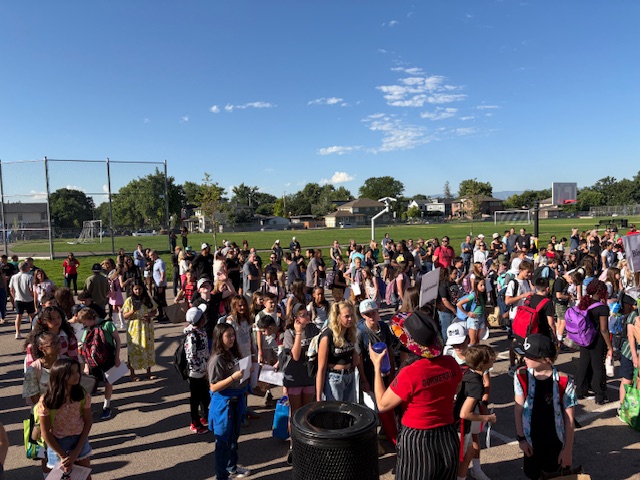 Students gathered outside on the first day of school