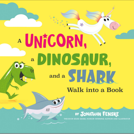 A unicorn, a dinosaur, and shark walk into a book