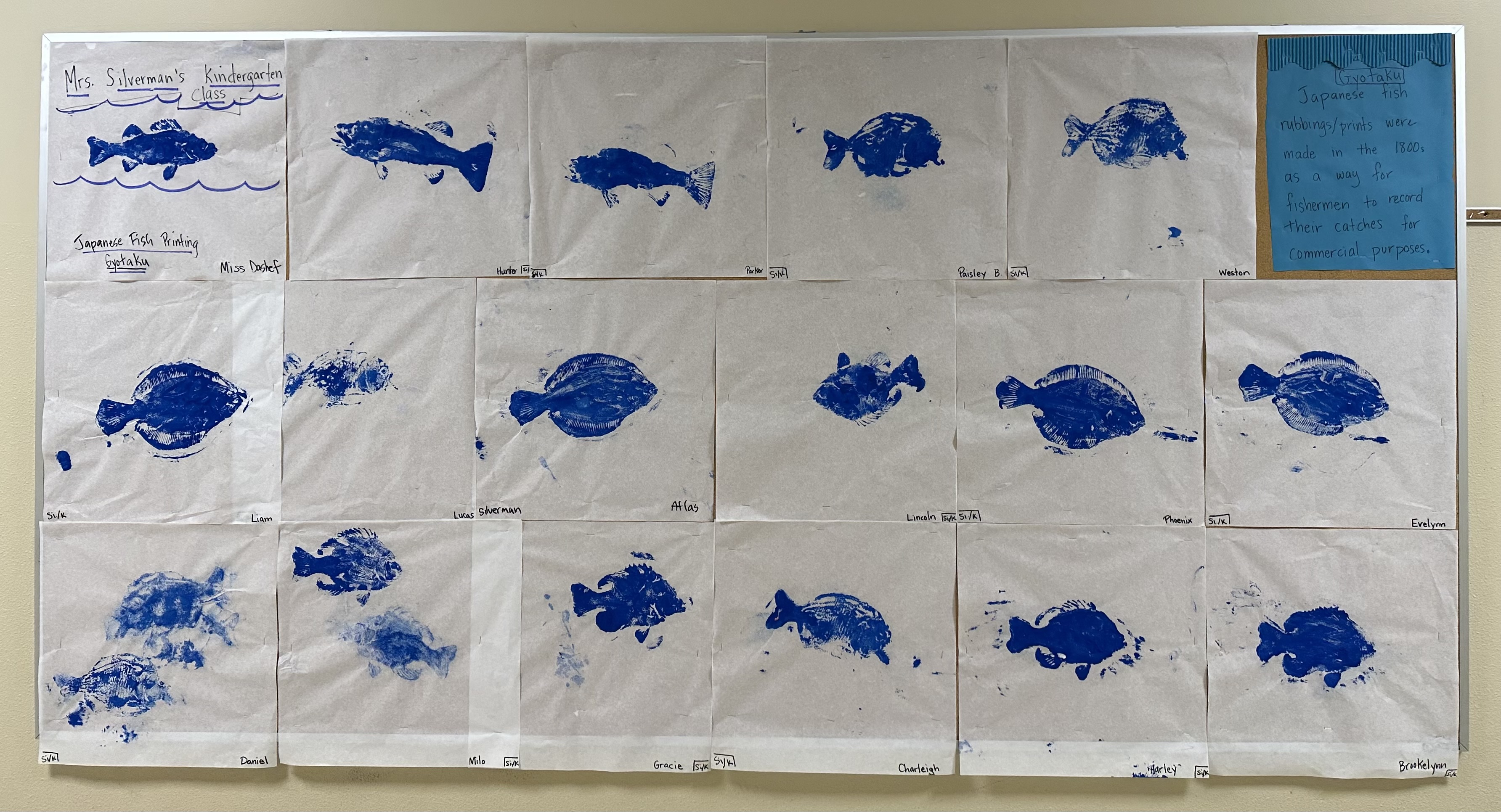 Mrs. Silverman's Art Display of blue fish paintings