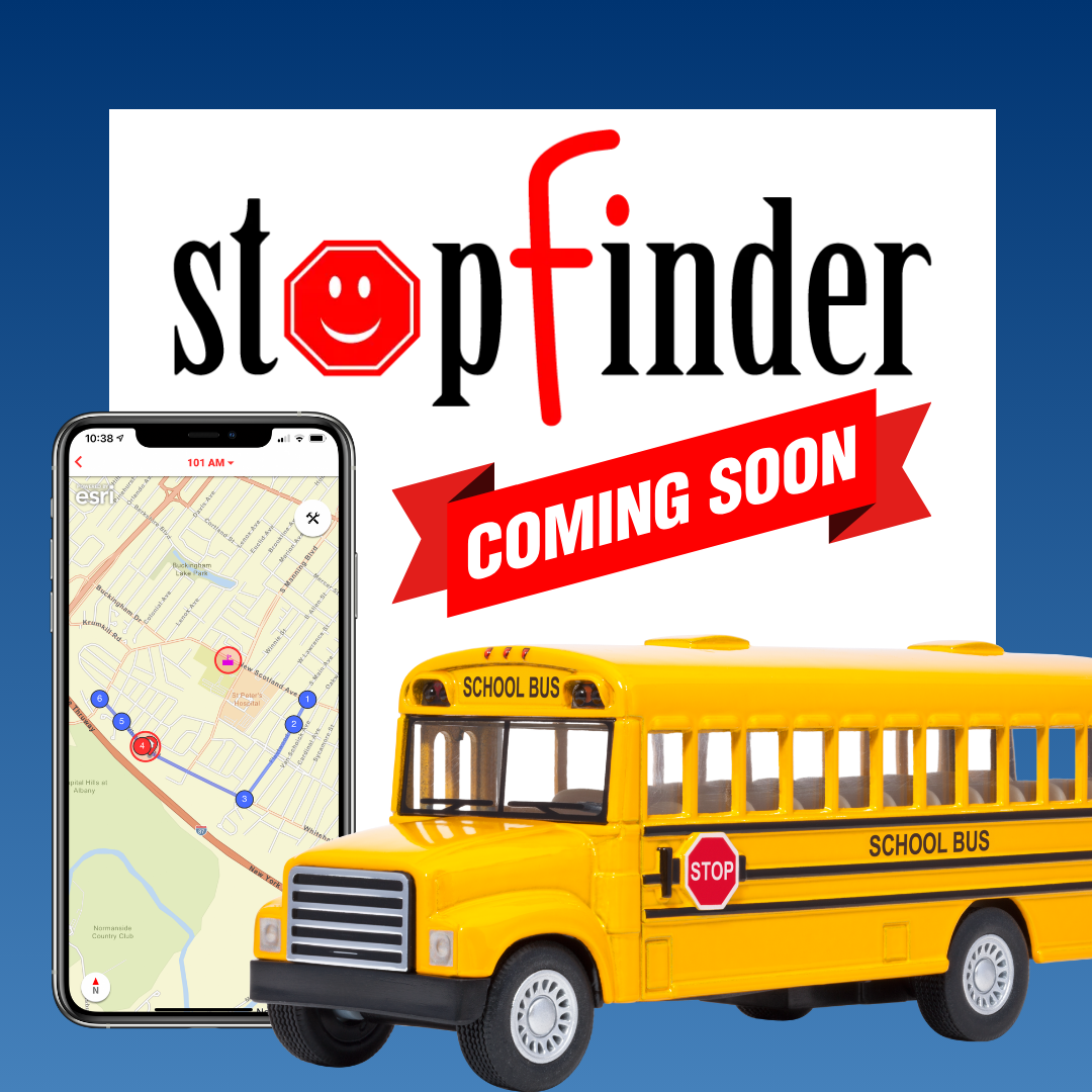Stopfinder. Coming Soon. Phone with bus routing software. Image of a school bus.