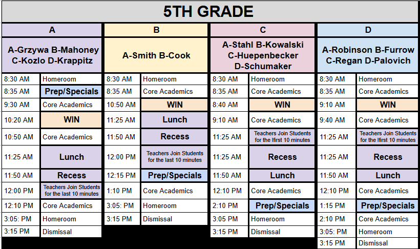 5th grade schedule