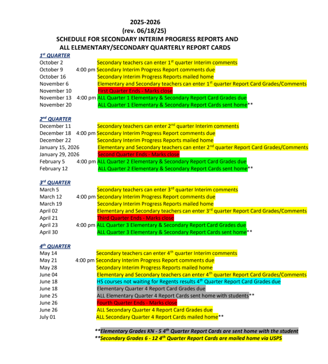 report card schedule