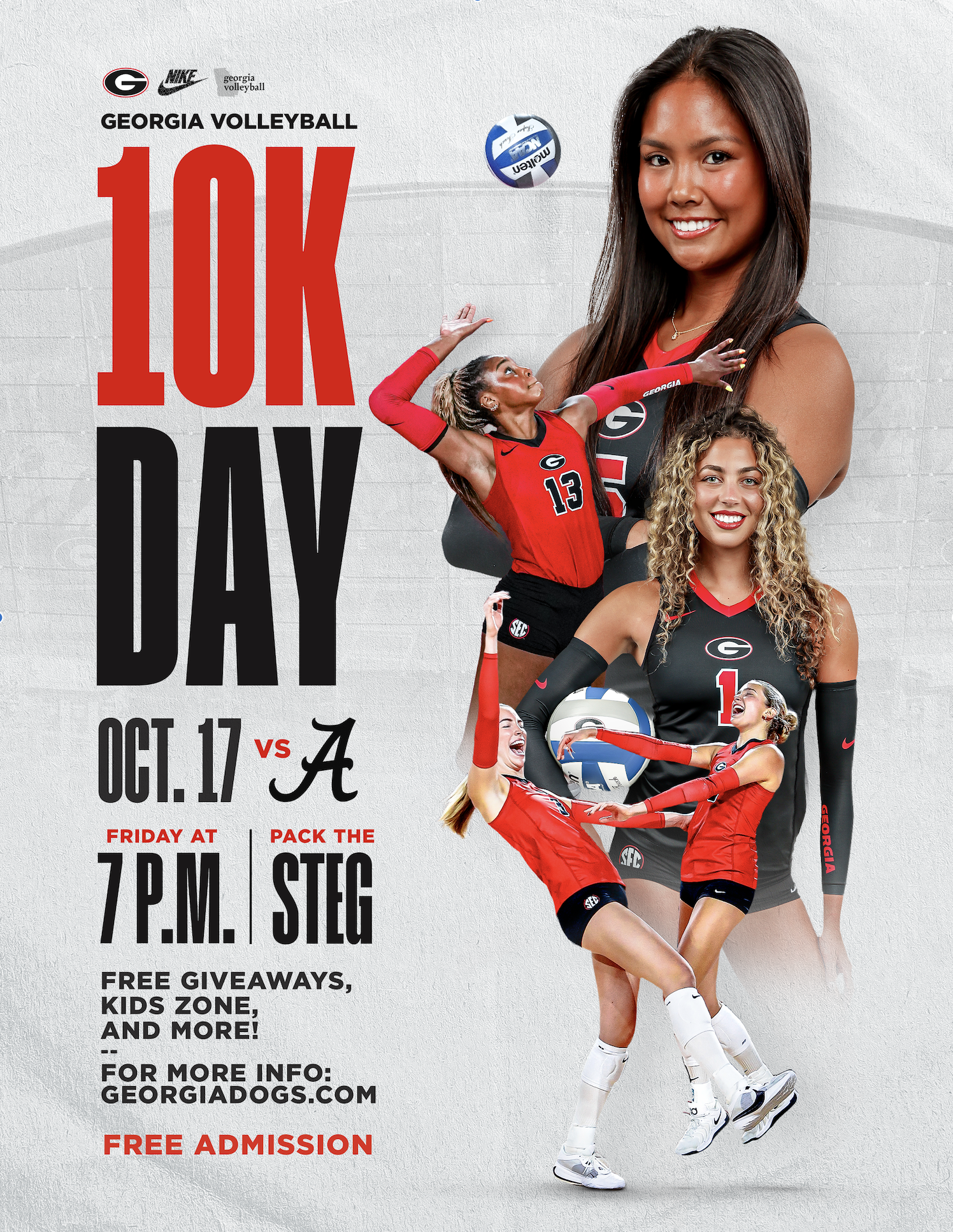 Free Admission and T-Shirts at Georgia Volleyball’s 10K Day vs. Alabama!