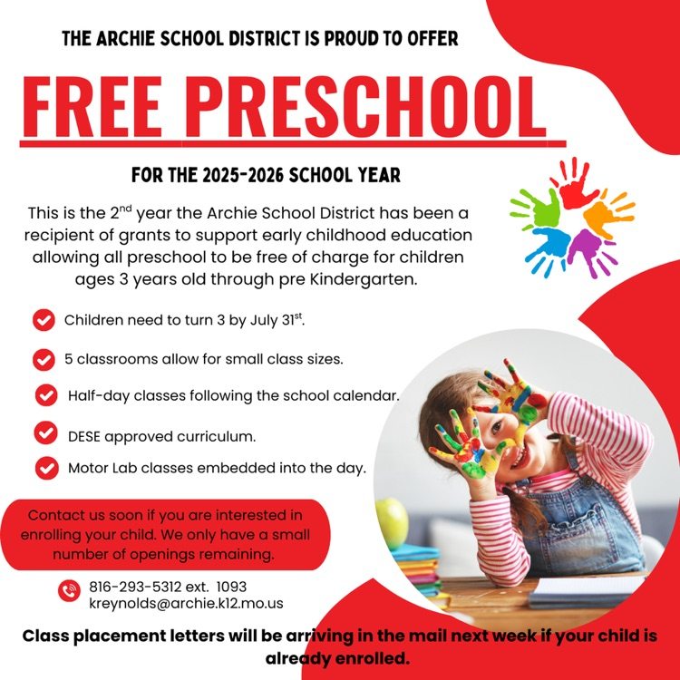 Contact Kristi reynolds for free preschool. students must be 3 by July 31. Dese approved curriculum and motor lab