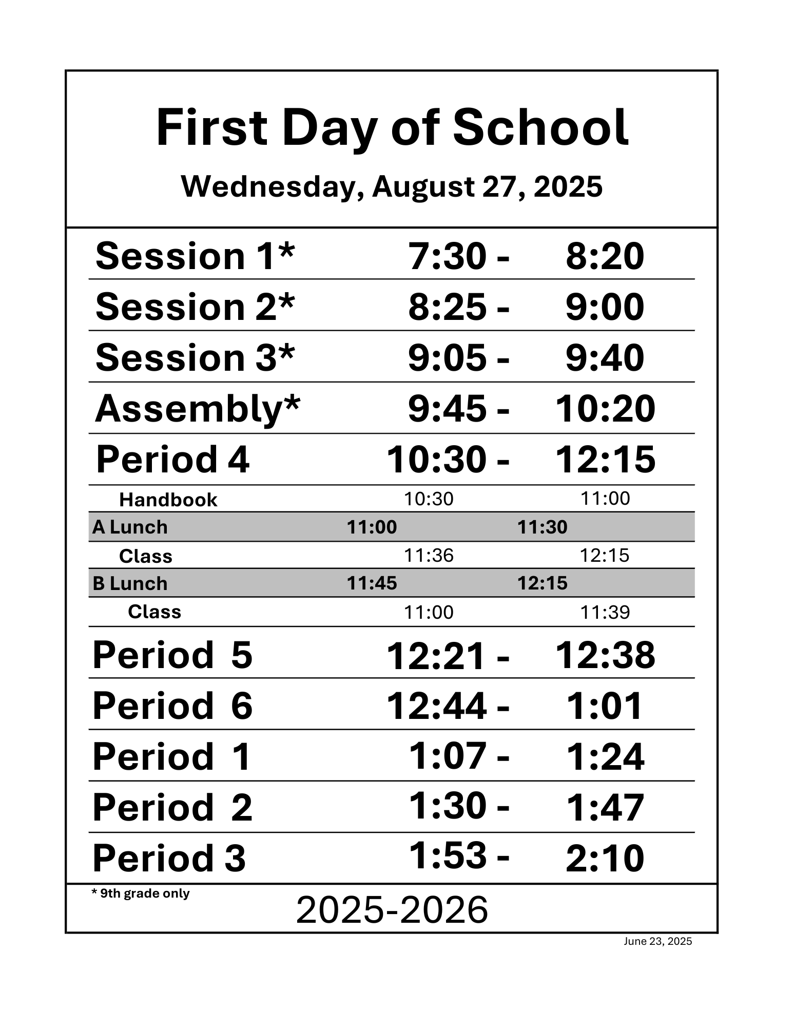 First Day Schedule 2025-26