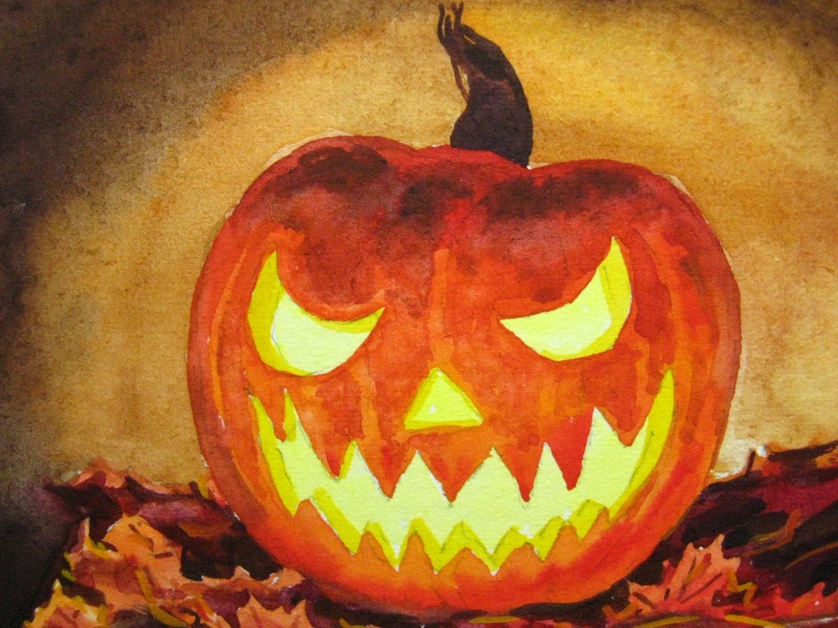 painting of a lit up jack-o-lantern 