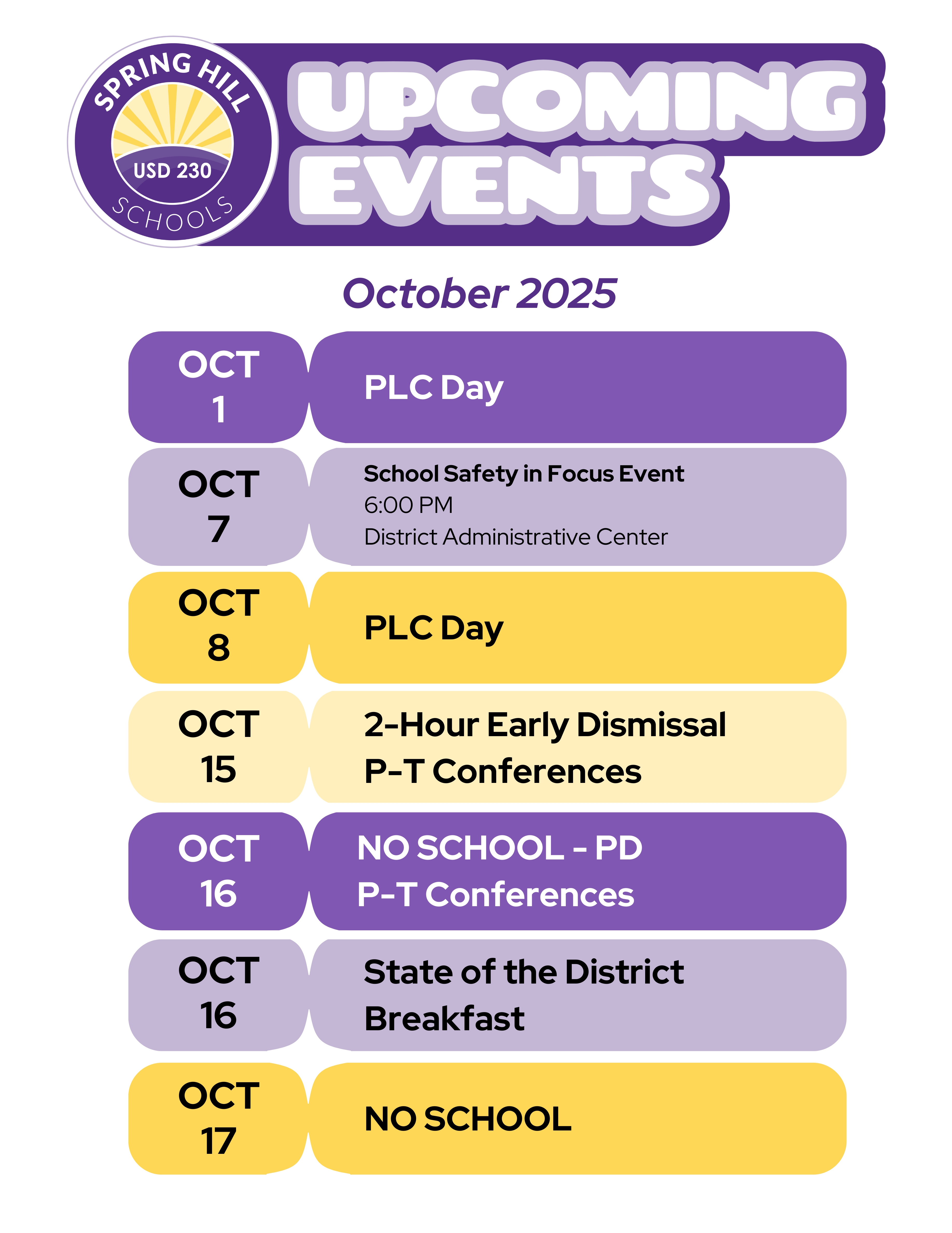 Upcoming district events in September 2025