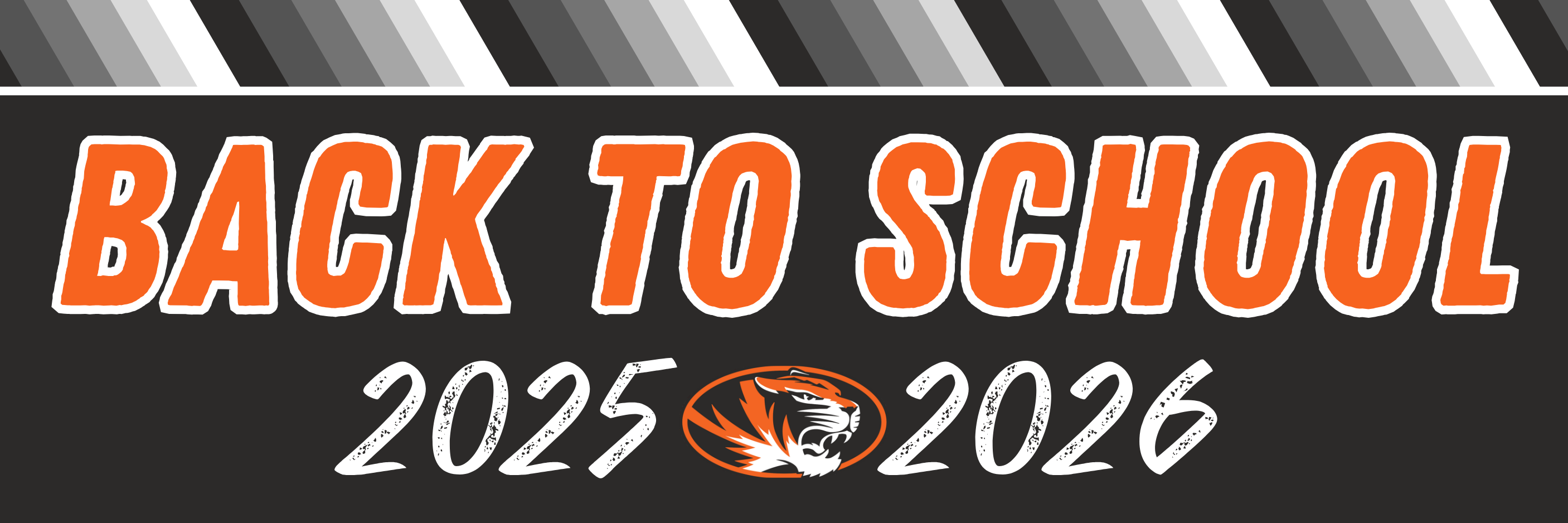 Orange striped background, "BACK TO SCHOOL 2024" with a tiger head logo in the bottom right