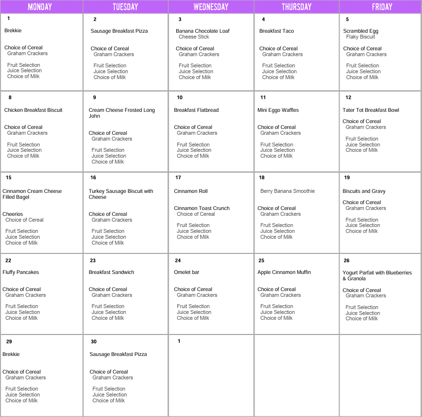 September Breakfast Menu